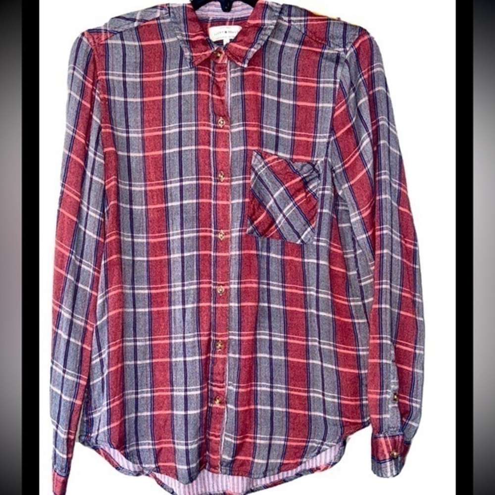 Lucky Brand Womens Knit Shirt Button Front Plaid Small